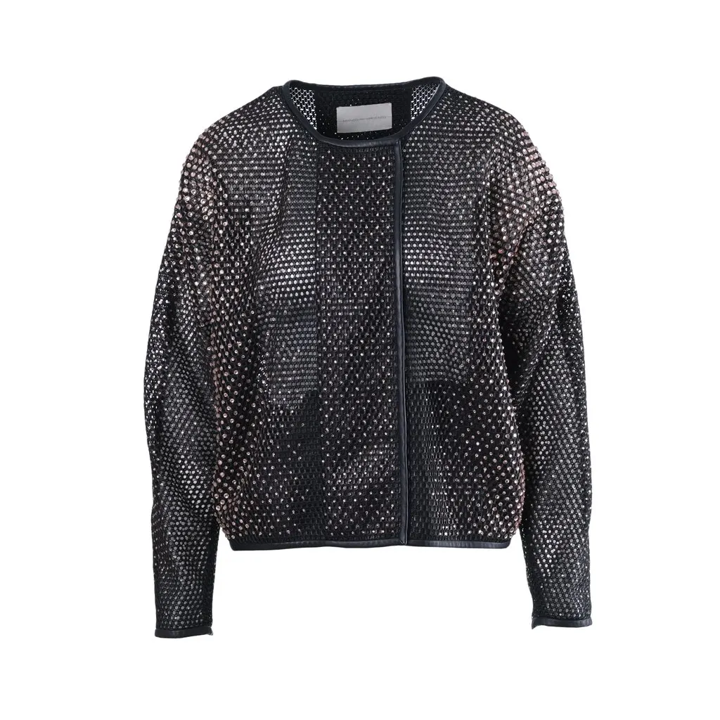 Unsigned Marco de Vincenzo Black Crystal-Embellished Mesh Bomber - '10s Black Leather Good - Front View