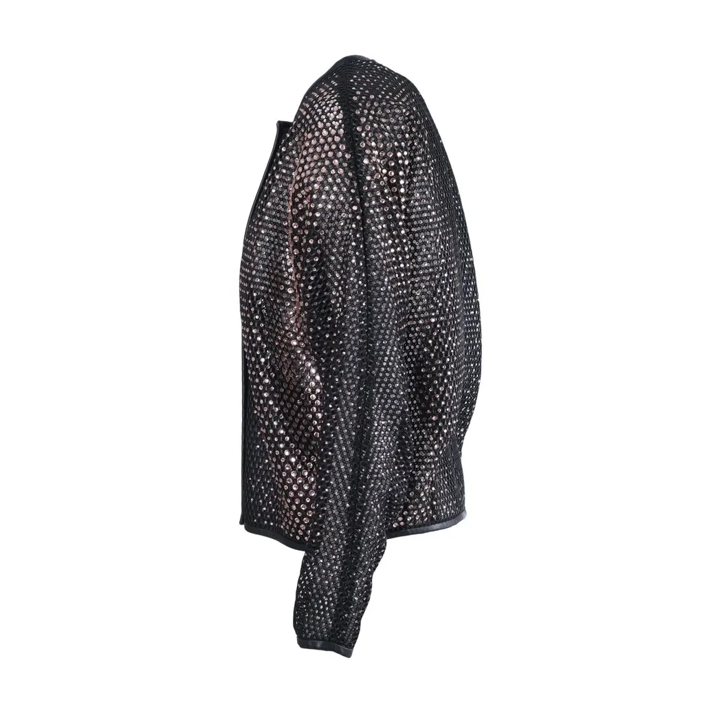 Unsigned Marco de Vincenzo Black Crystal-Embellished Mesh Bomber - '10s Black Leather Good - Back View