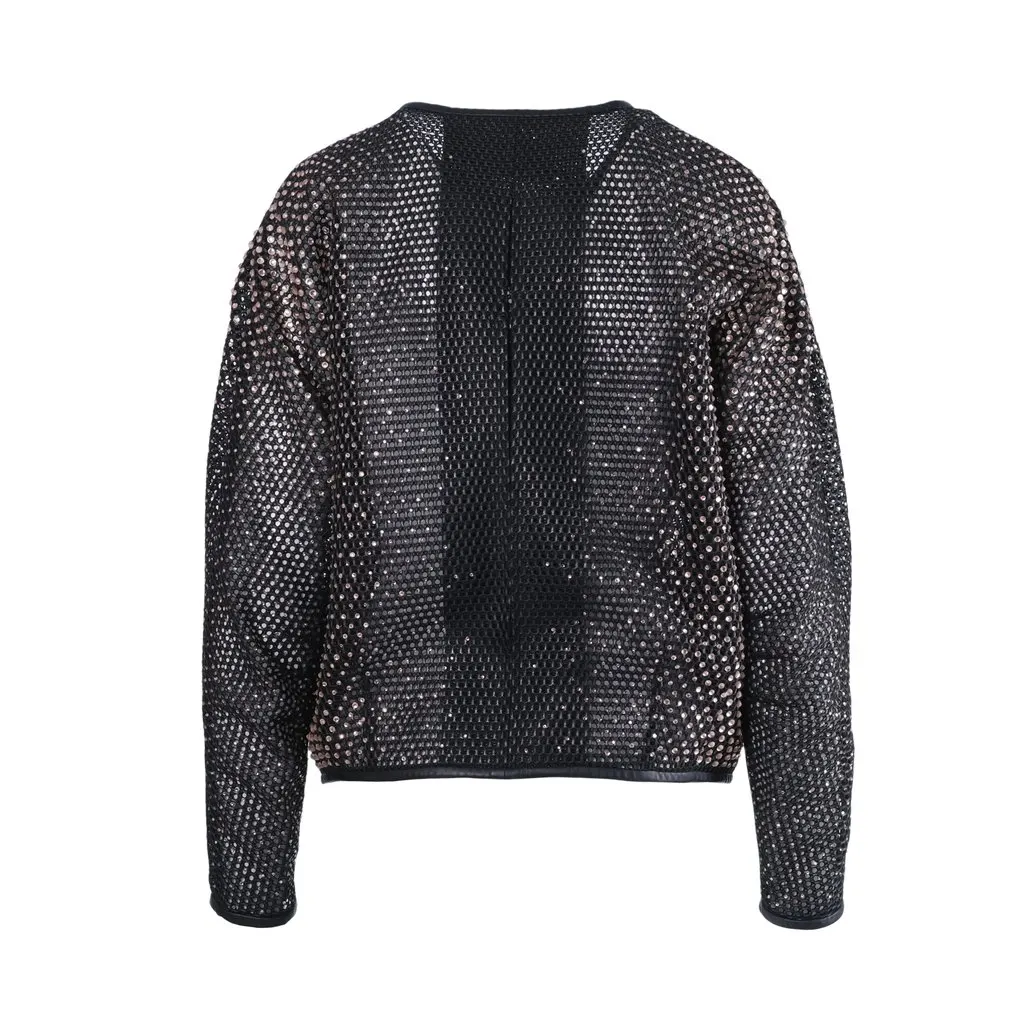 Unsigned Marco de Vincenzo Black Crystal-Embellished Mesh Bomber - '10s Black Leather Good - Inside View