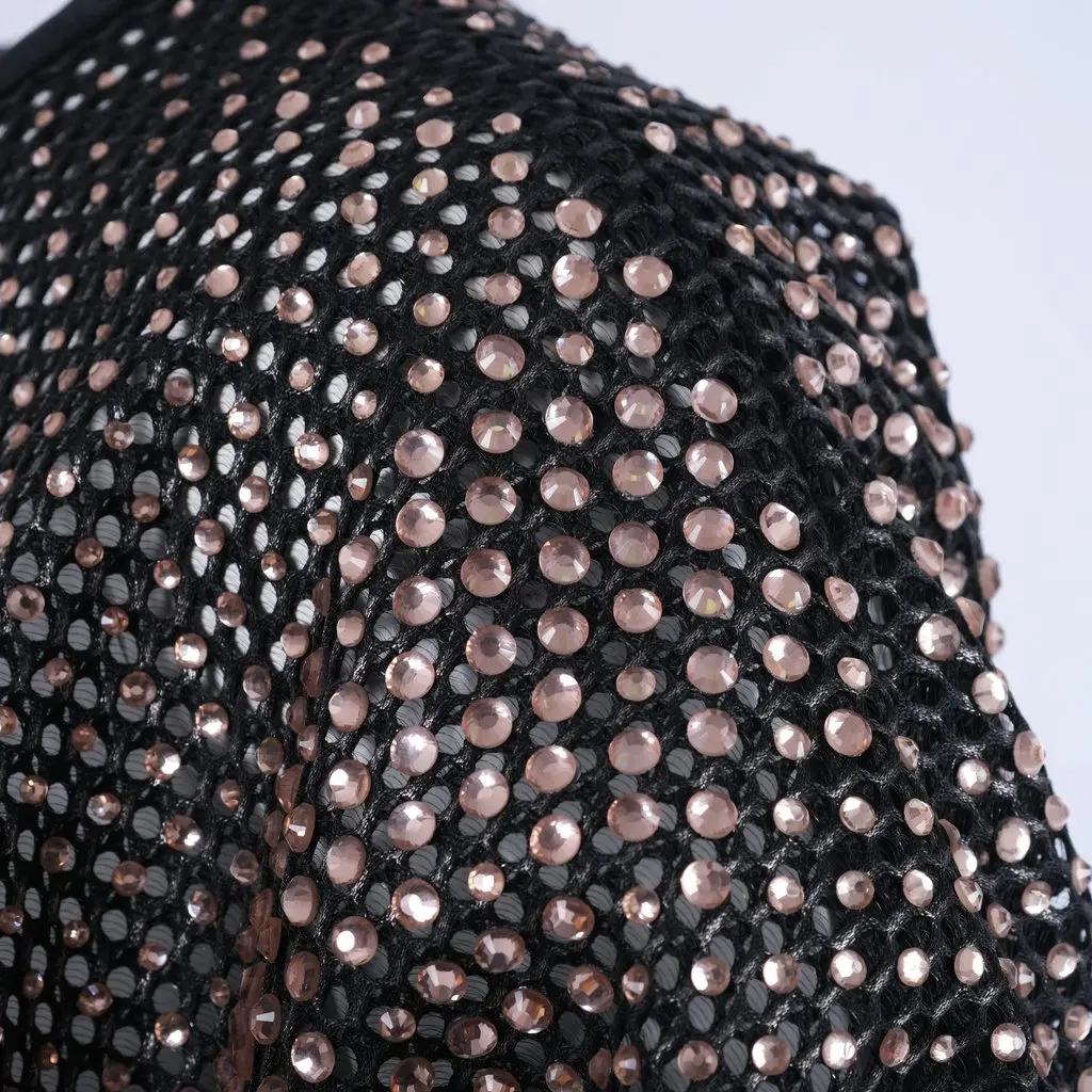 Unsigned Marco de Vincenzo Black Crystal-Embellished Mesh Bomber - '10s Black Leather Good - Model View
