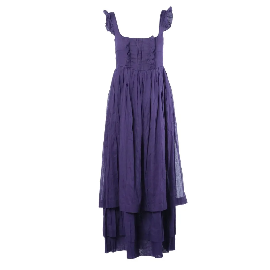 Miu Miu Long Purple Sleeveless Dress with Ruffle Straps and Tiered Pleated Skirt - '10s Red Silk Good - Front View