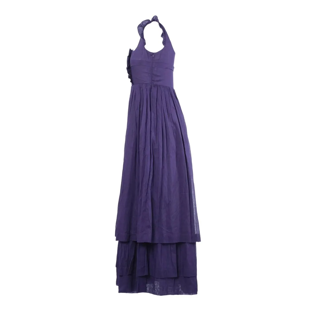 Miu Miu Long Purple Sleeveless Dress with Ruffle Straps and Tiered Pleated Skirt - '10s Red Silk Good - Back View