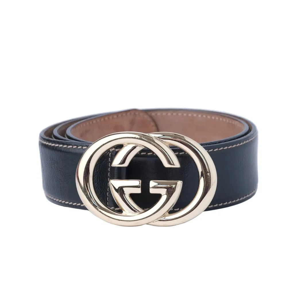 Gucci Black Leather Interlocking G Buckle Belt - '00s Black Leather Good - Front View