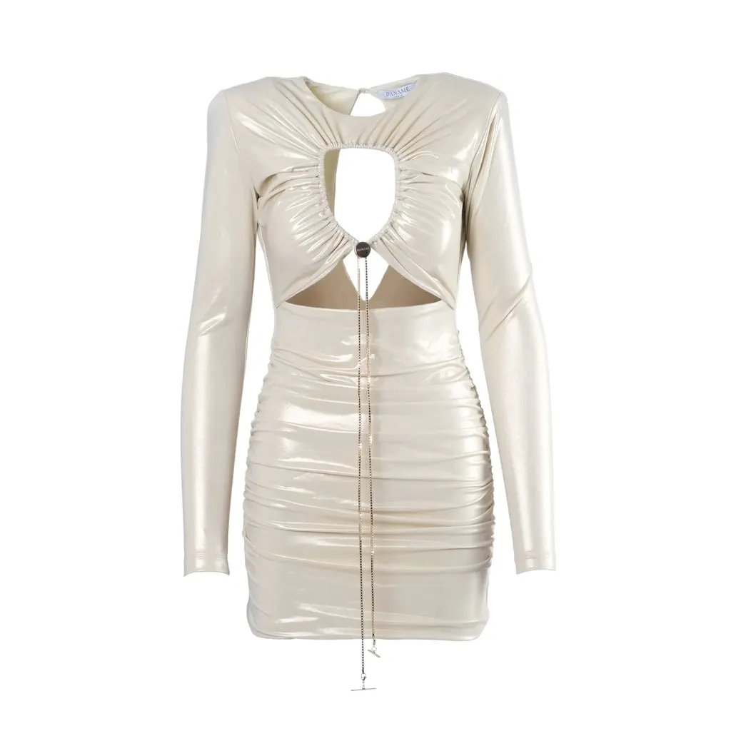 Unsigned Danamé Metallic Ruched Cut-Out Mini Dress - '20s White Good - Front View
