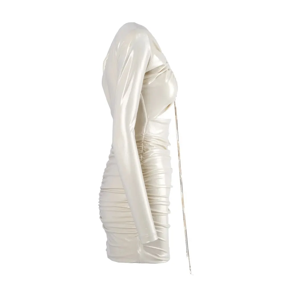 Unsigned Danamé Metallic Ruched Cut-Out Mini Dress - '20s White Good - Back View