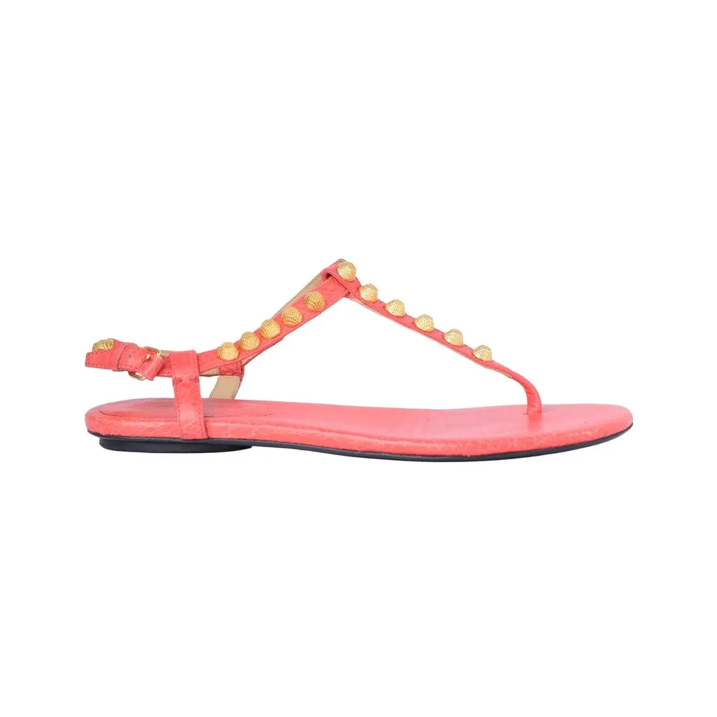 Balenciaga Leather Studded Accents T-Strap Sandals - '10s Red Leather Good - Front View