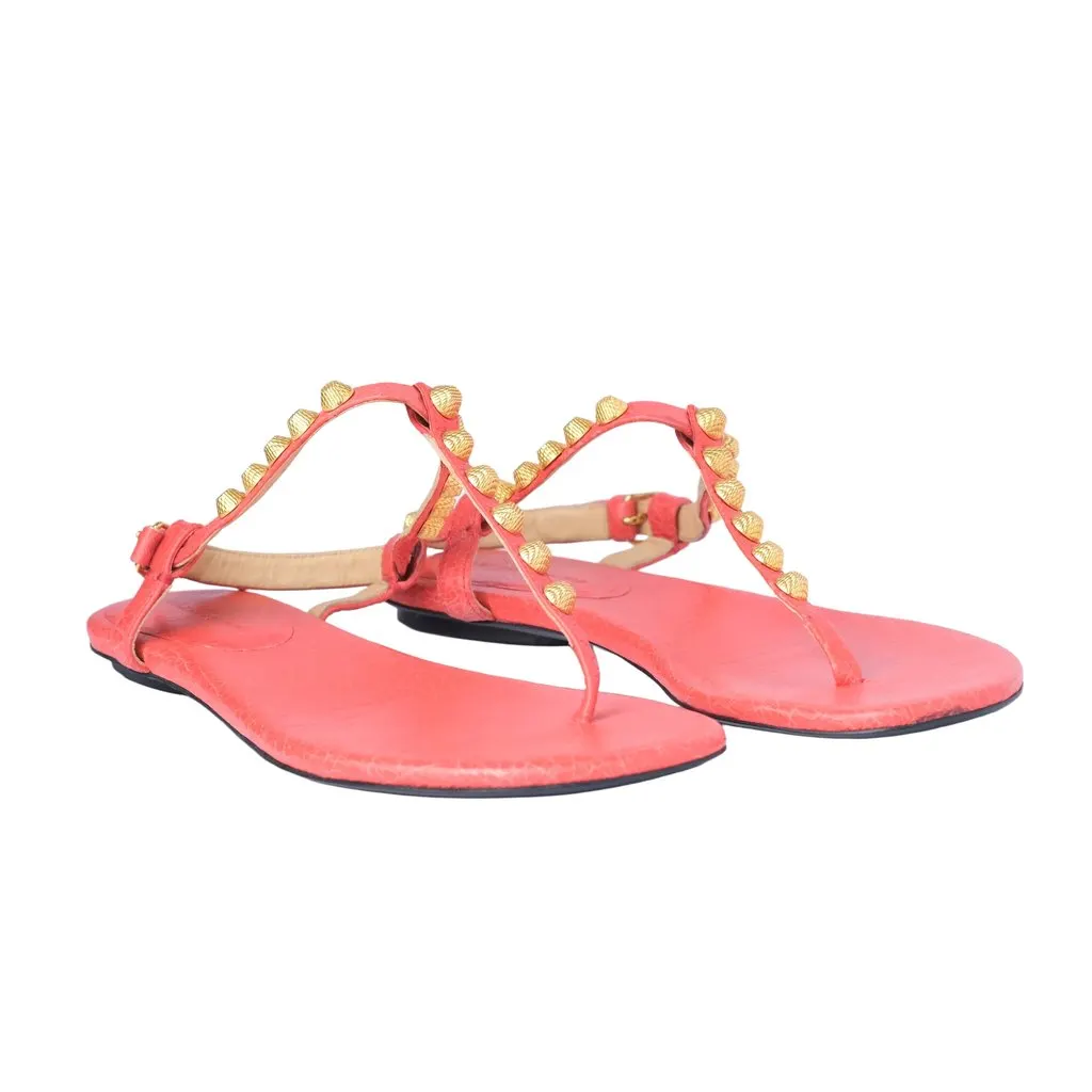 Balenciaga Leather Studded Accents T-Strap Sandals - '10s Red Leather Good - Back View