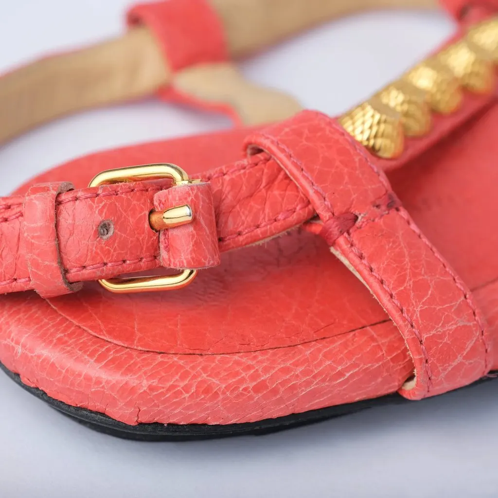 Balenciaga Leather Studded Accents T-Strap Sandals - '10s Red Leather Good - Model View