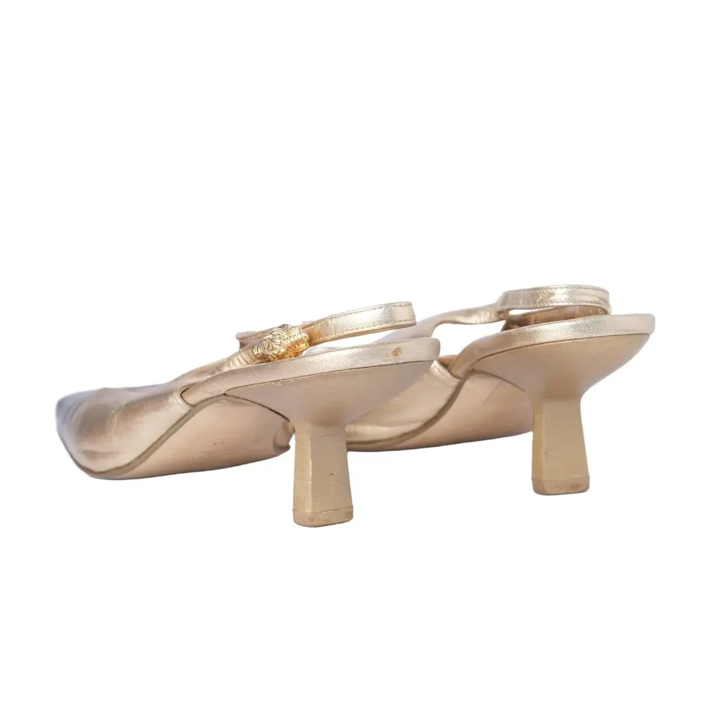 Gucci by Tom Ford Gold Leather Tiger Head Sandals - '00s Gold Leather Good - Model View