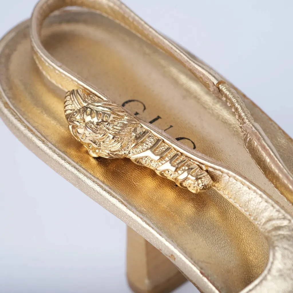 Gucci by Tom Ford Gold Leather Tiger Head Sandals - '00s Gold Leather Good - Box View