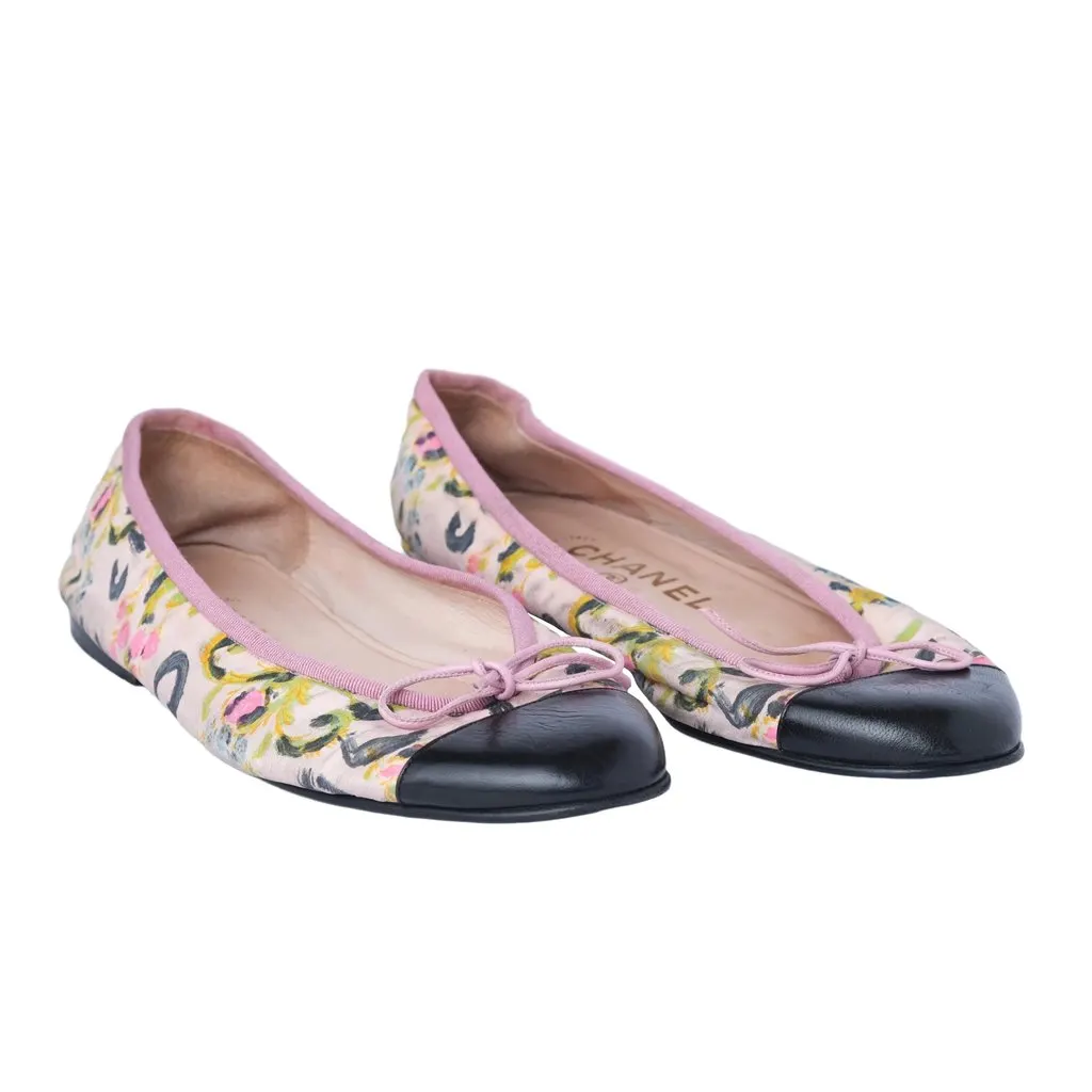 Chanel Multicolor Canvas and Patent Leather Cap-Toe Ballet Flats - '00s Black Canvas Good - Back View
