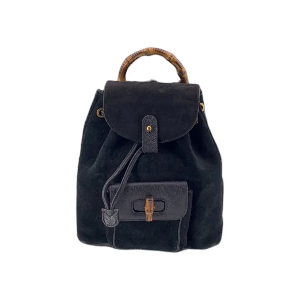 Gucci Backpack Vintage Bamboo Black Suede Good - Front View