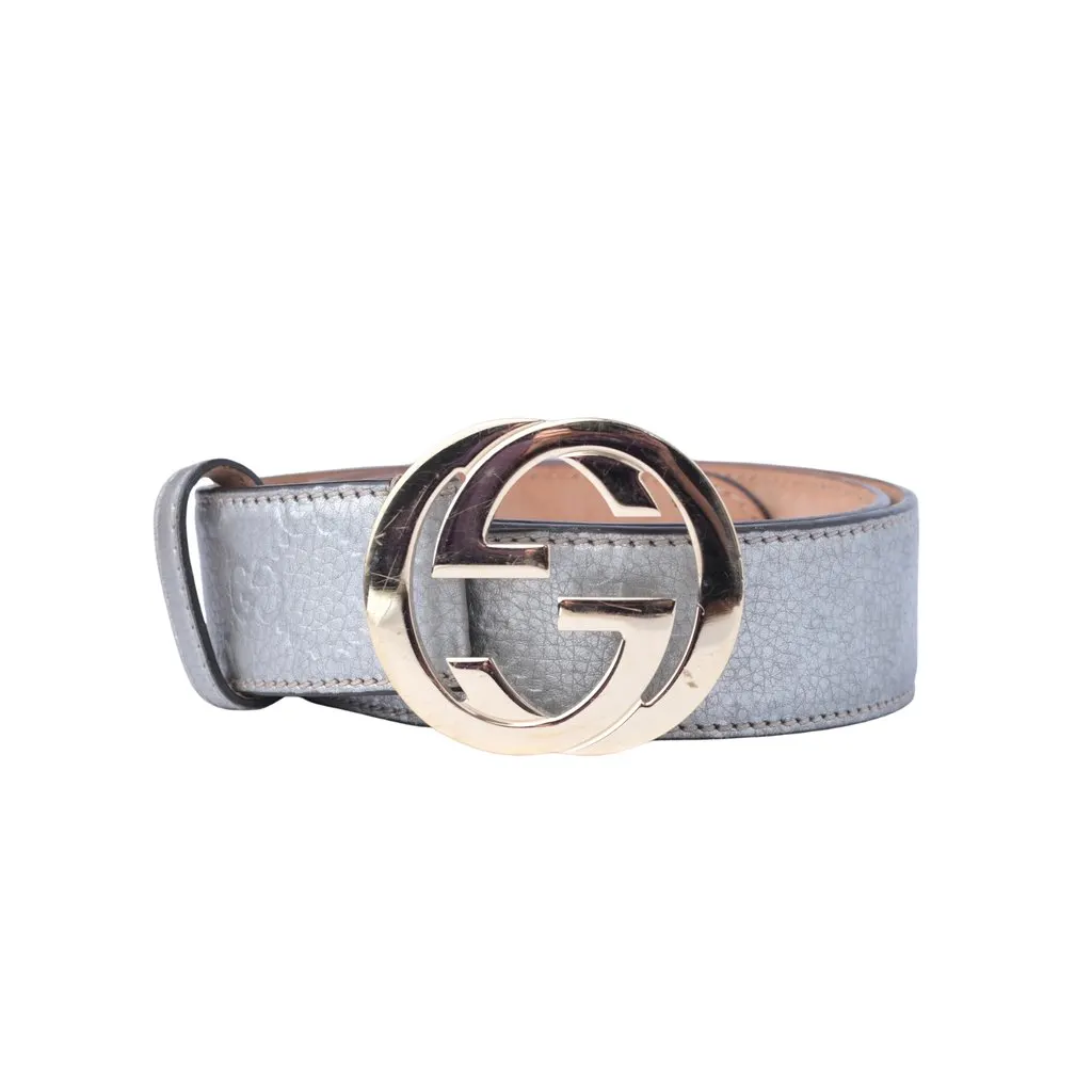 Gucci Metallic Silver Leather Interlocking G Buckle Belt - '00s Silver Leather Good - Front View
