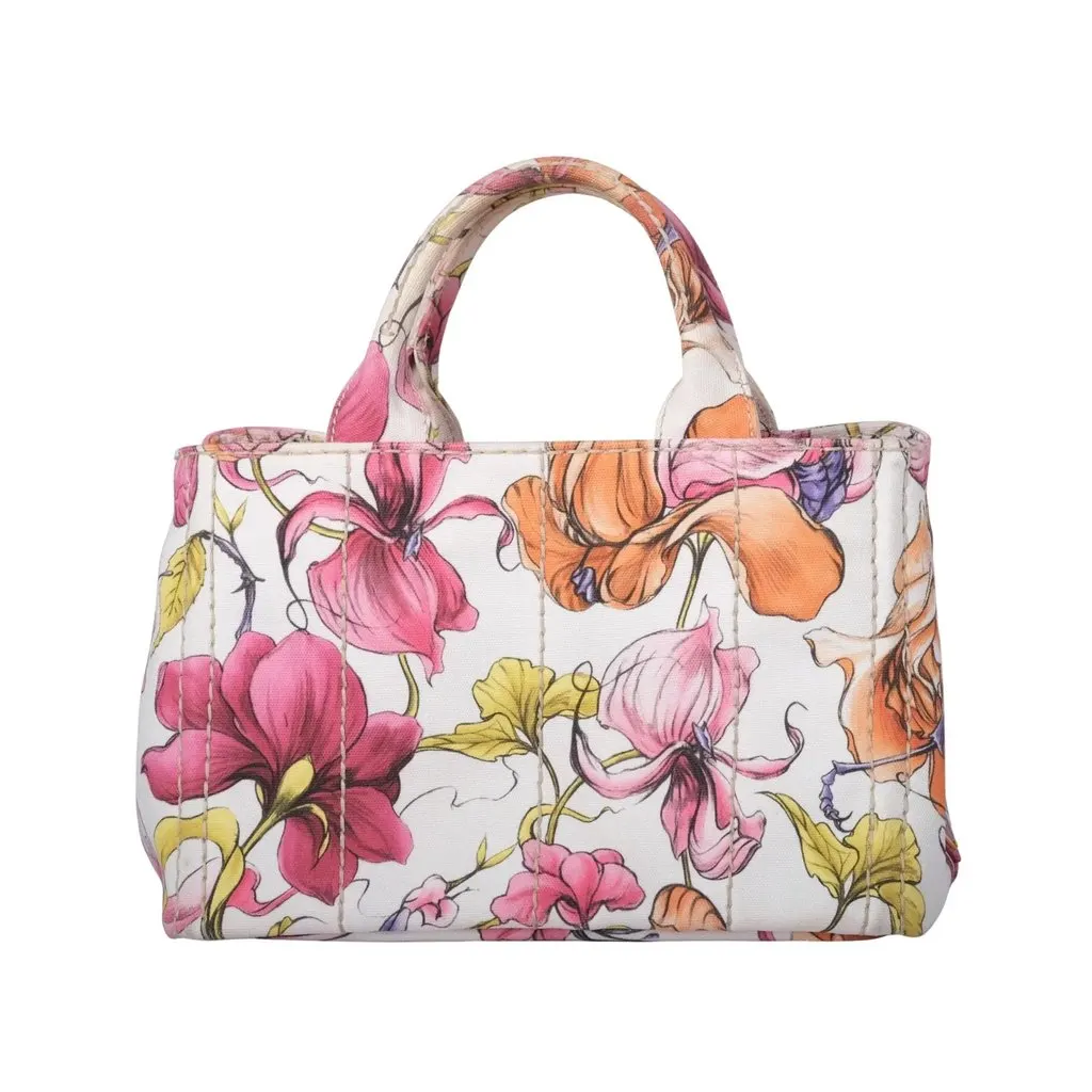 Prada Floral Print Small Canapa Tote Bag - '10s MultiColor Canvas Good - Front View