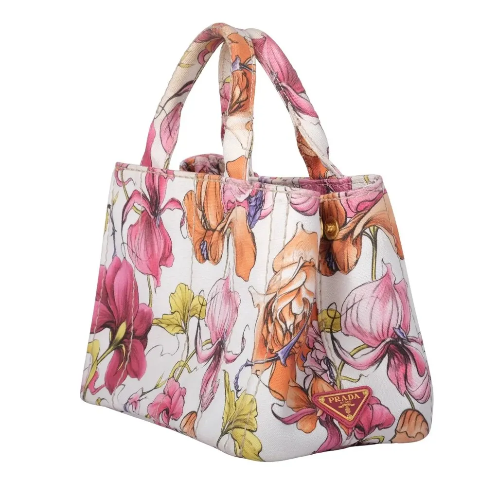 Prada Floral Print Small Canapa Tote Bag - '10s MultiColor Canvas Good - Back View