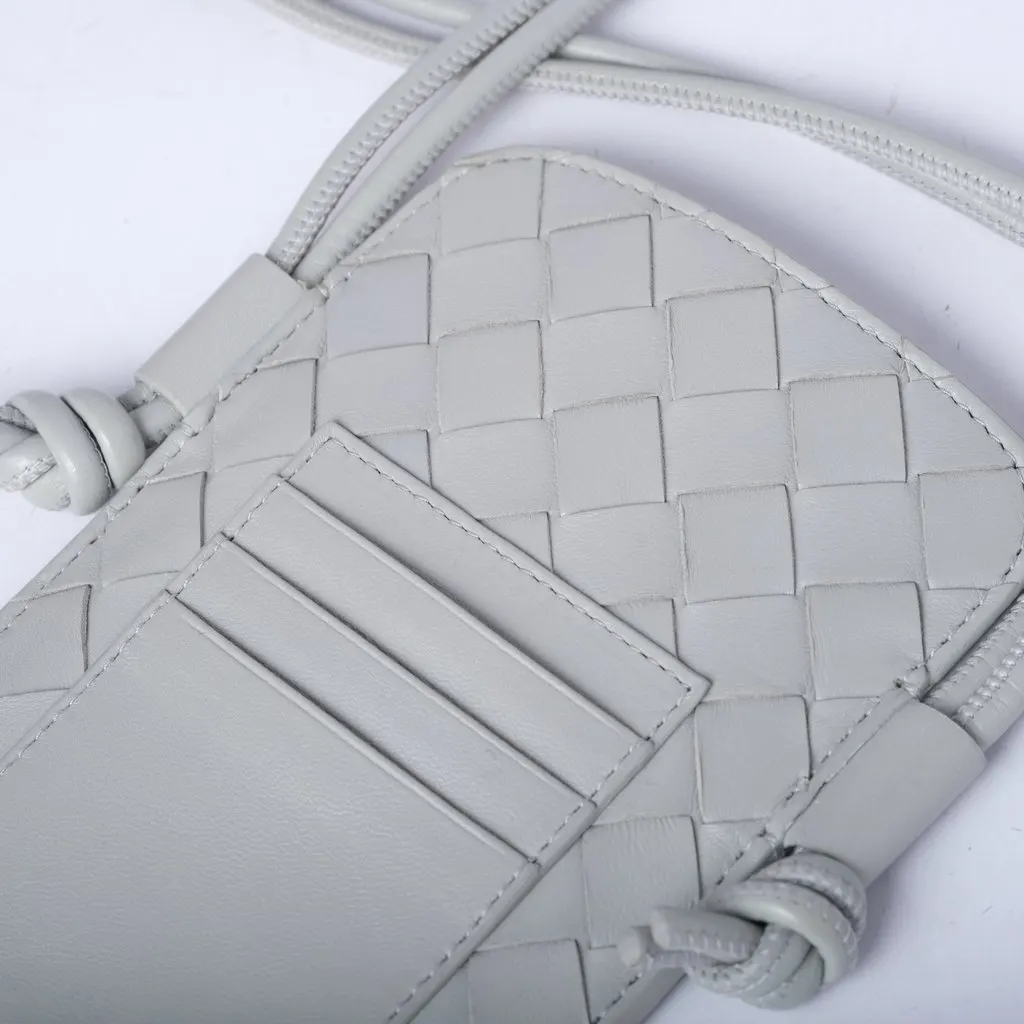 Bottega Veneta Intrecciato Grey Leather Phone Pouch with Adjustable Strap - '20s Grey Leather Good - Model View