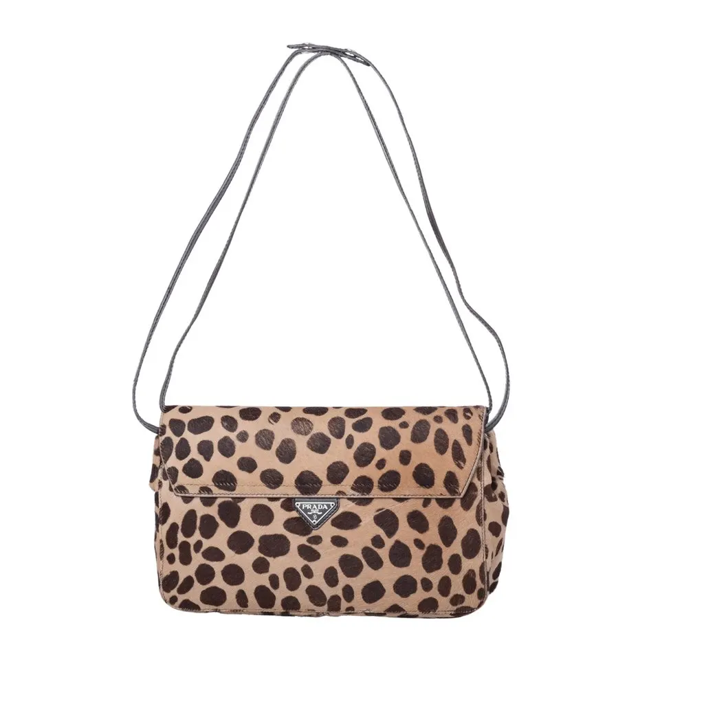Prada Vintage Leopard Print Pony Hair bag -'00s White Leather Good - Front View