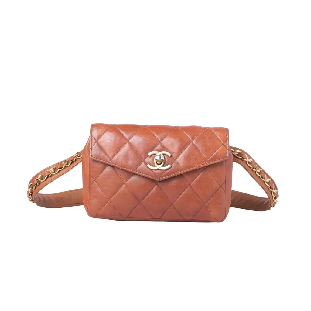 Chanel Logo Lambskin Waist Bum Bag Camel - '90s Camel Leather Good - Front View