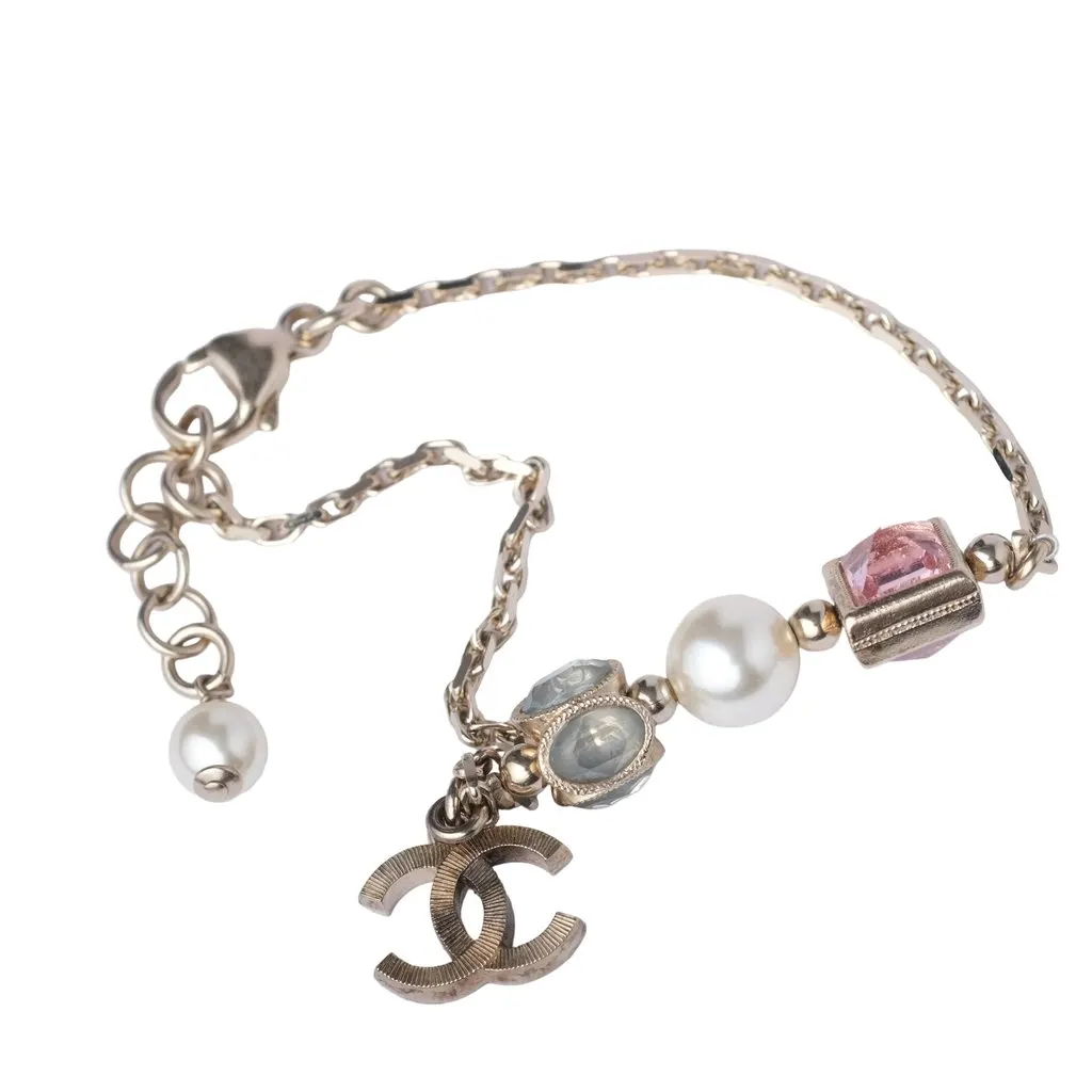 Chanel Multicolor Pearl Bracelet with CC Charm Logo- '10s Gold Good - Front View