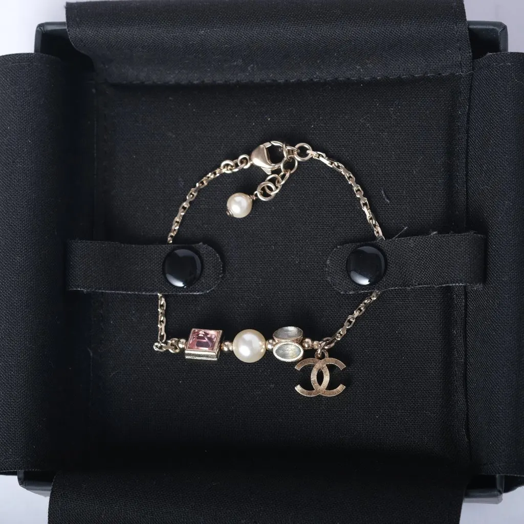 Chanel Multicolor Pearl Bracelet with CC Charm Logo- '10s Gold Good - Back View