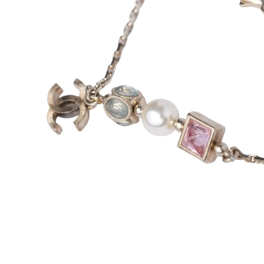 Chanel Multicolor Pearl Bracelet with CC Charm Logo- '10s Gold Good - Model View