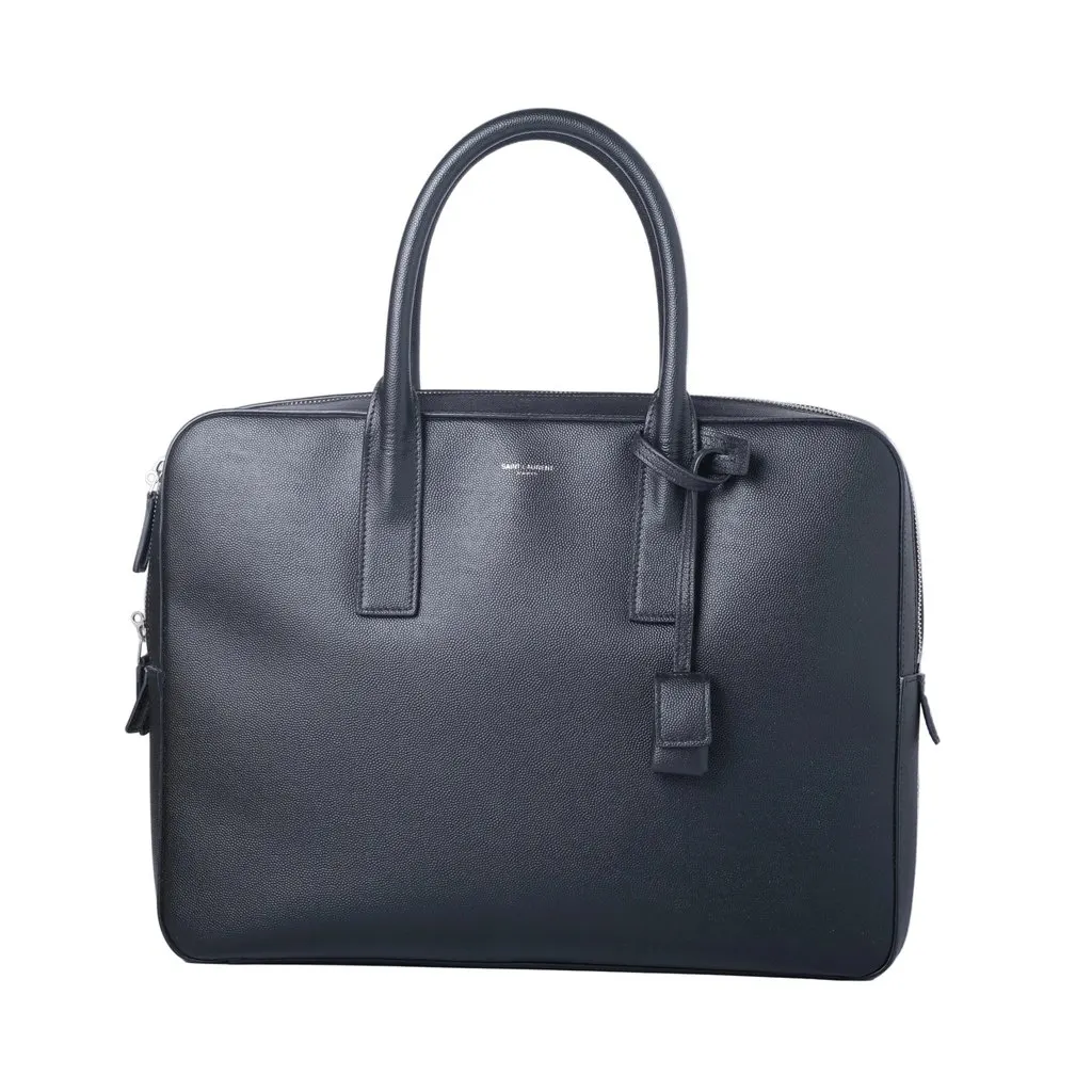 Saint Laurent Museum Black Grained Calfskin Leather Briefcase - '20s Black Leather Good - Front View