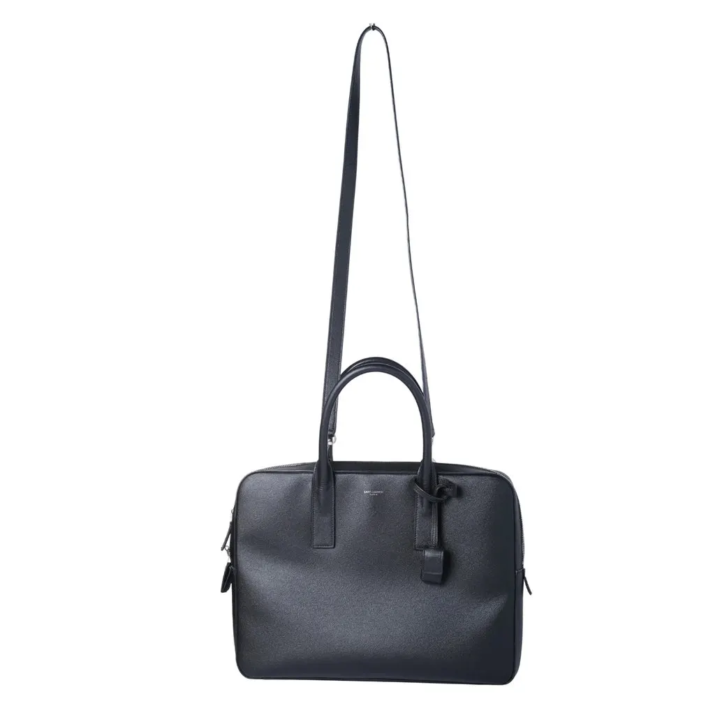 Saint Laurent Museum Black Grained Calfskin Leather Briefcase - '20s Black Leather Good - Back View