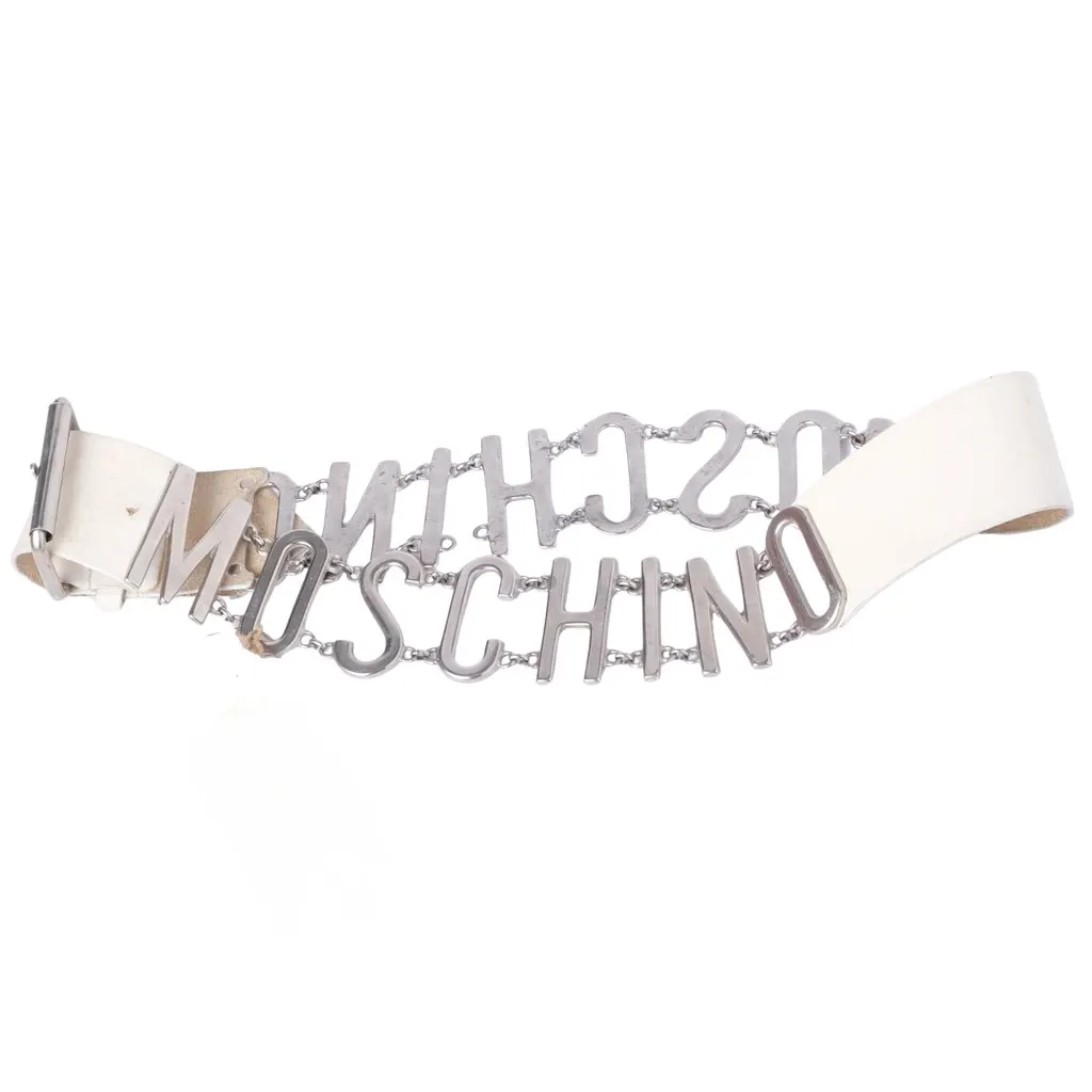 Moschino Logo Leather Belt - '90s White Leather Good - Front View