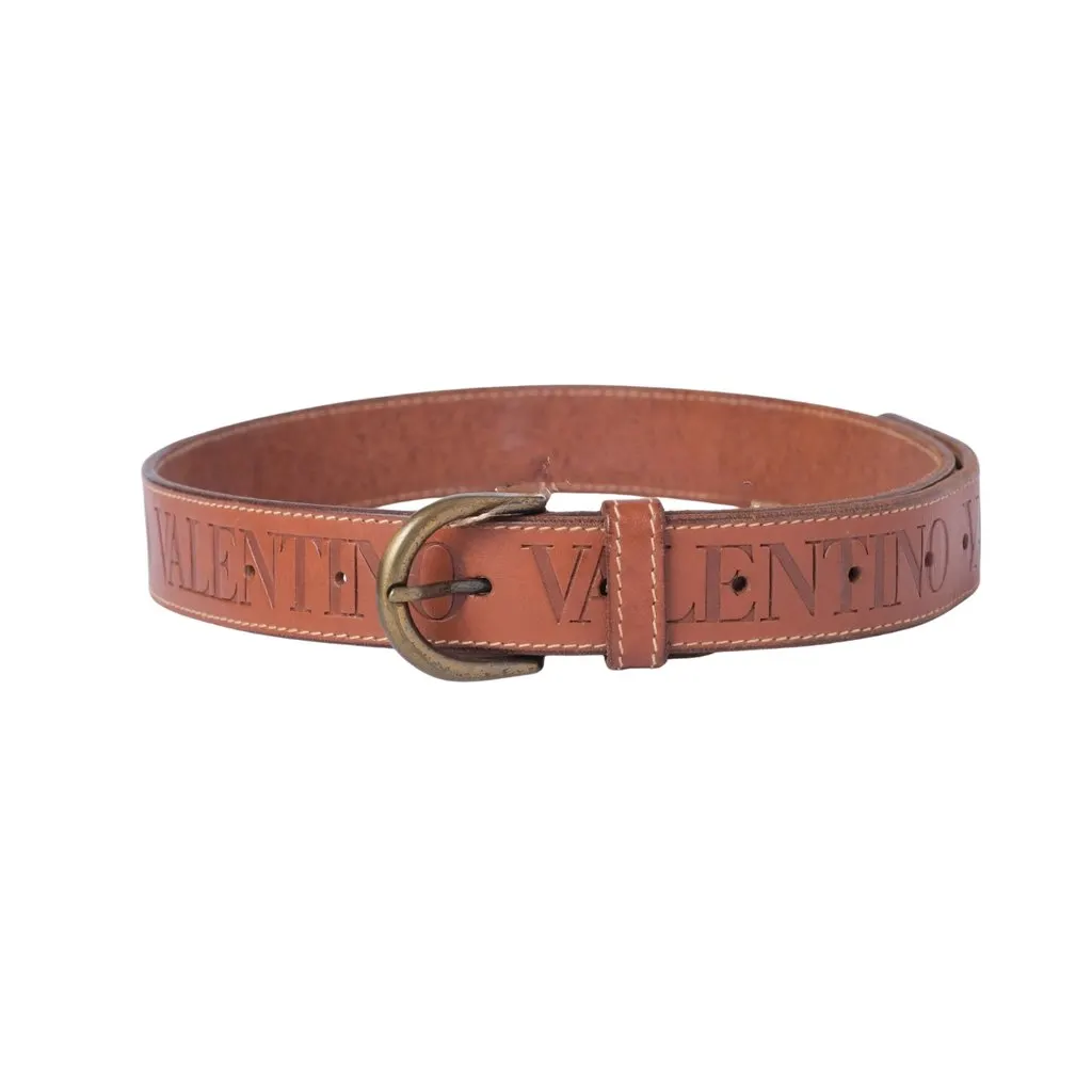 Valentino Embossed Leather Belt - '90s Brown Leather Good - Front View