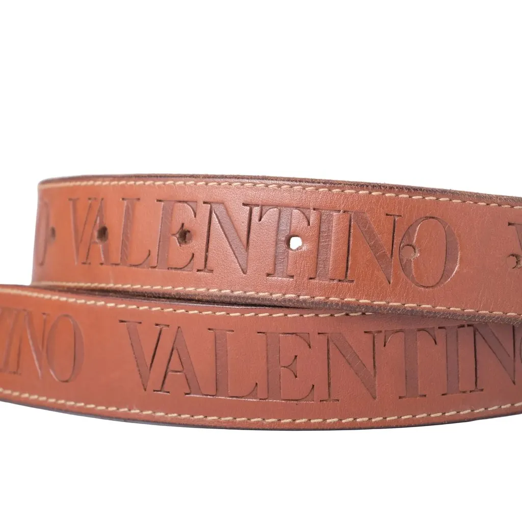 Valentino Embossed Leather Belt - '90s Brown Leather Good - Model View