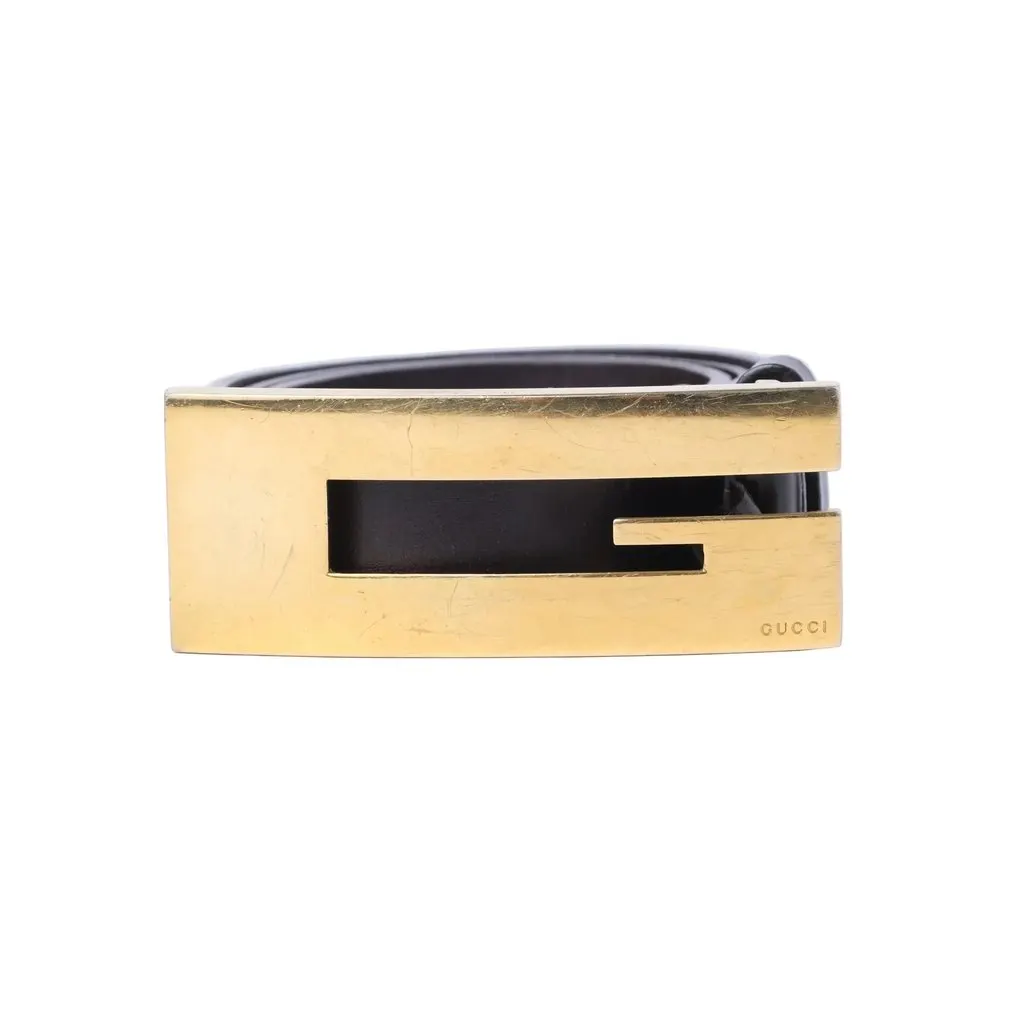 Gucci Black Leather Belt with Gold-Tone G Buckle - '90s Black Leather Good - Front View