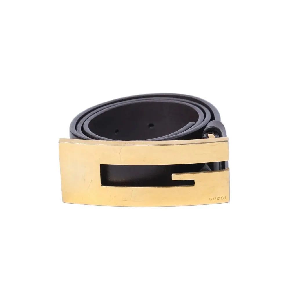 Gucci Black Leather Belt with Gold-Tone G Buckle - '90s Black Leather Good - Back View