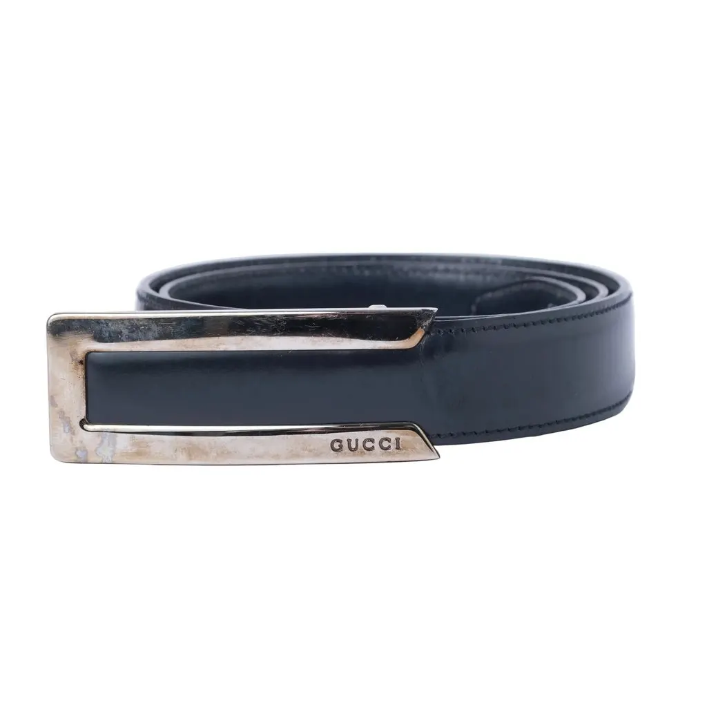 Gucci Black Leather Belt with Silver-Tone Buckle - '90s Black Leather Good - Front View