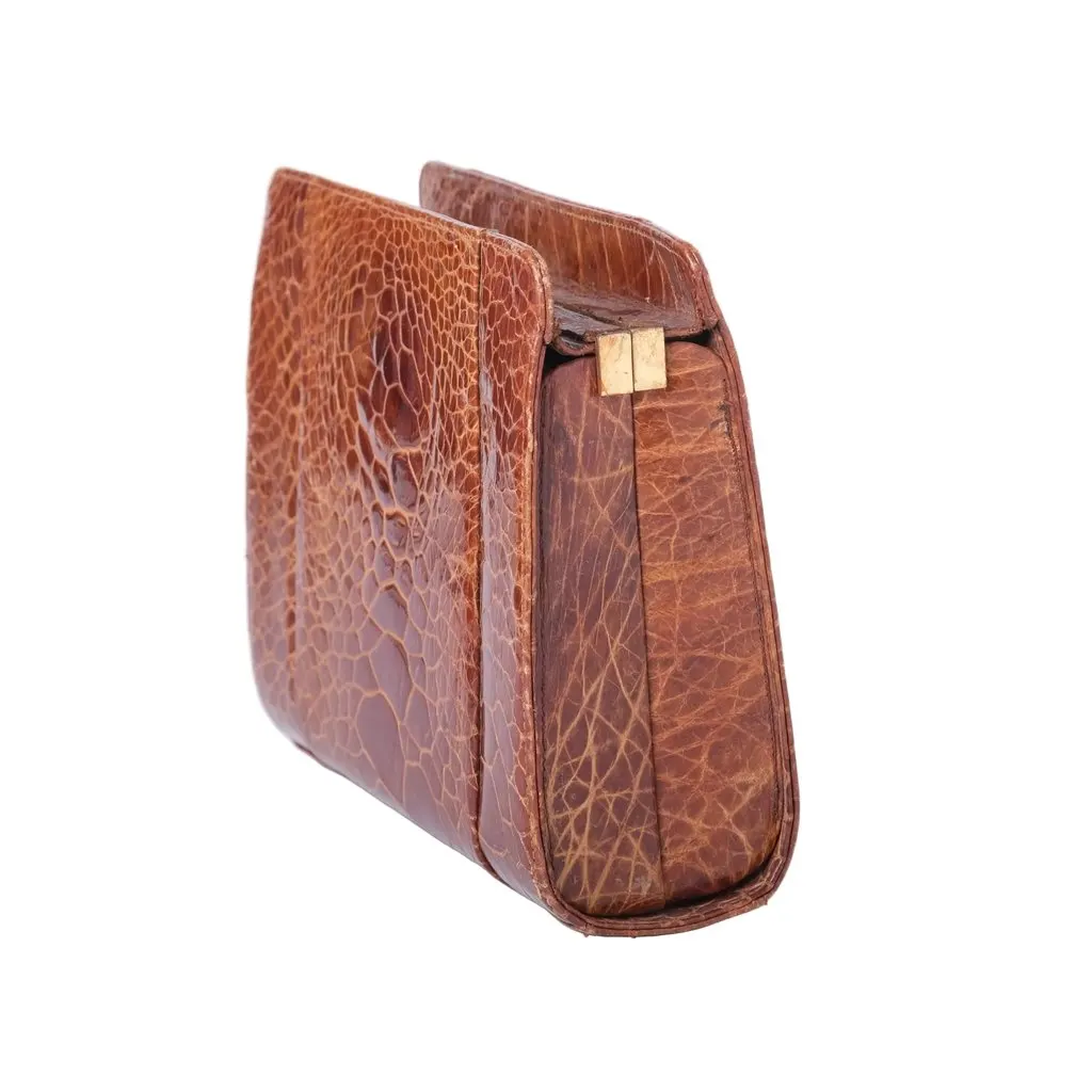 Unsigned Cognac Embossed Leather Structured Handbag-'60s Red Leather Good - Back View