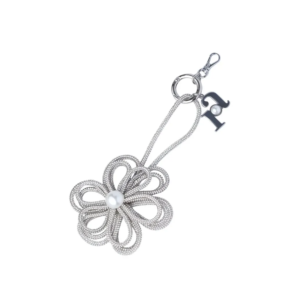Unsigned Rosantica Silver Crystal Floral Bag Charm - '20s Silver Good - Front View