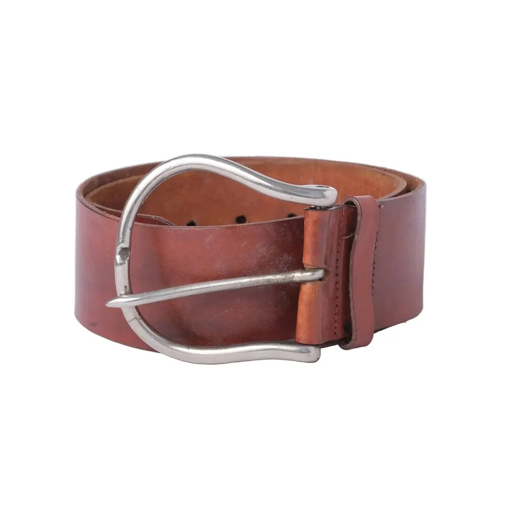 Furla Brown Leather Wide Belt with Silver-Tone Buckle - '90s Brown Leather Good - Front View