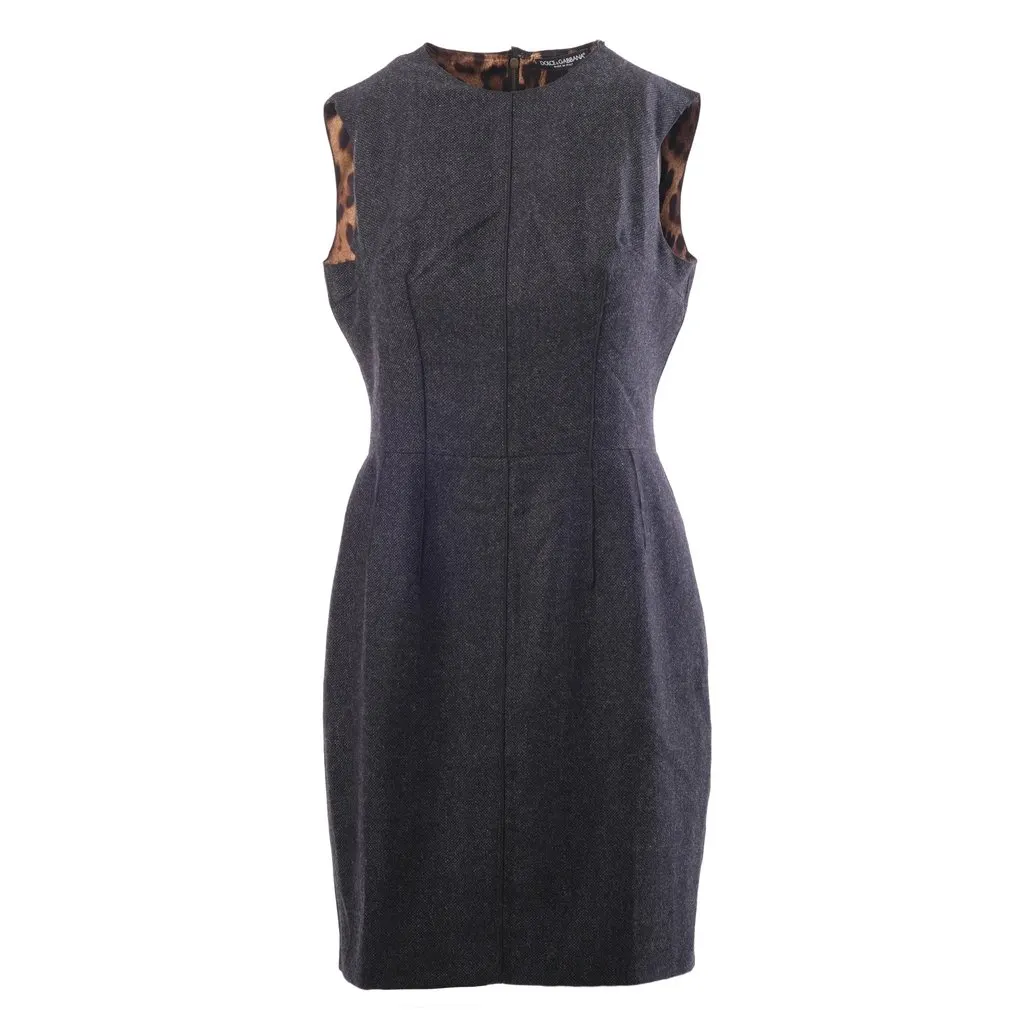 Dolce & Gabbana Black Tailored Sheath Dress with Leopard Print Details -'00s Black Wool Good - Front View
