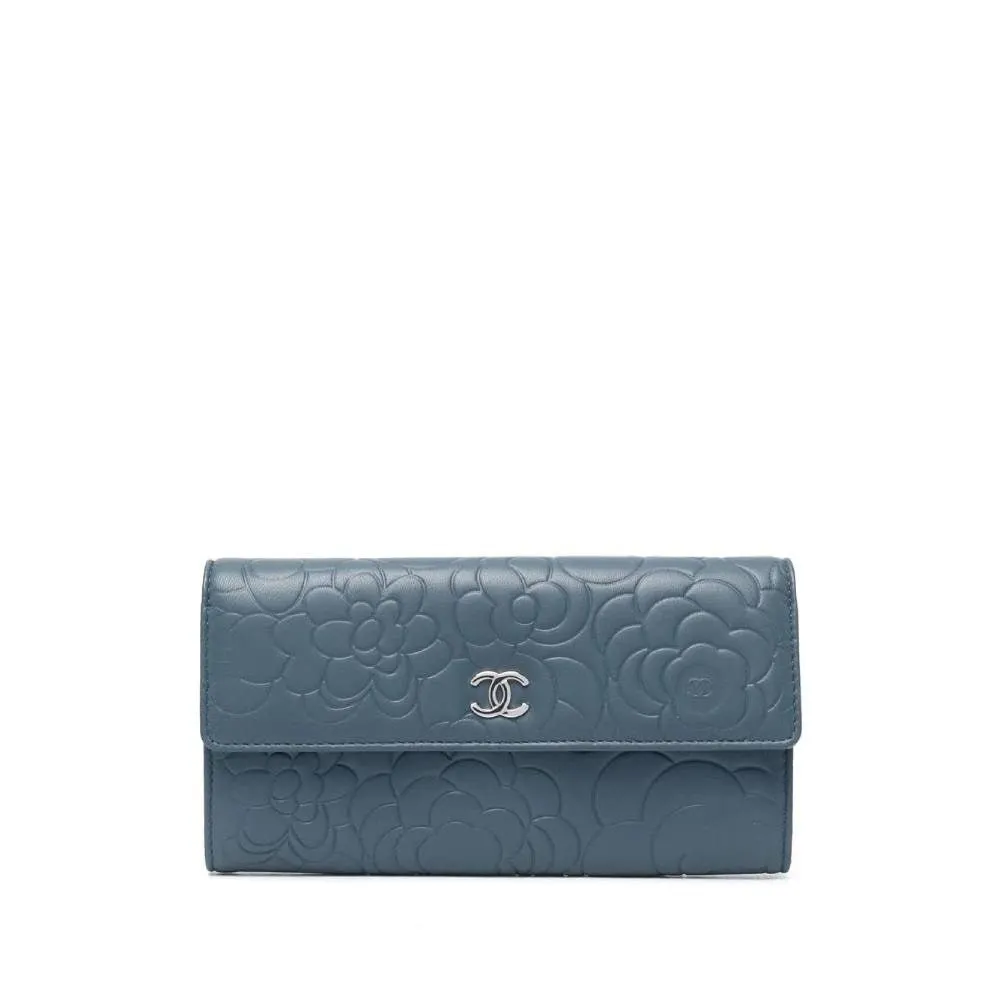 Chanel Powder Blue Embossed Wallet - 2010s Blue Leather Good - Front View