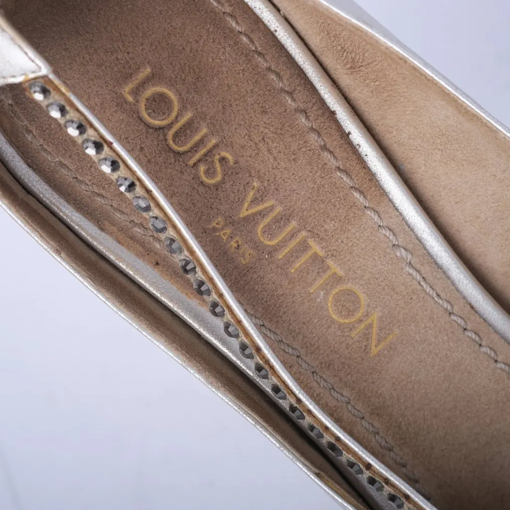 Louis Vuitton Silver Matte Metallic Leather Open Toe Heels Rhinestone Shoes - '00s Silver Leather Good - Model View