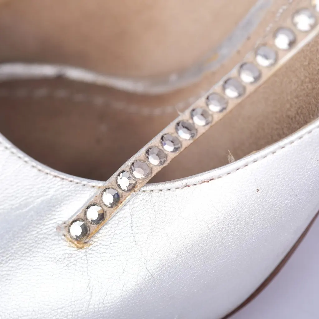 Louis Vuitton Silver Matte Metallic Leather Open Toe Heels Rhinestone Shoes - '00s Silver Leather Good - Box View