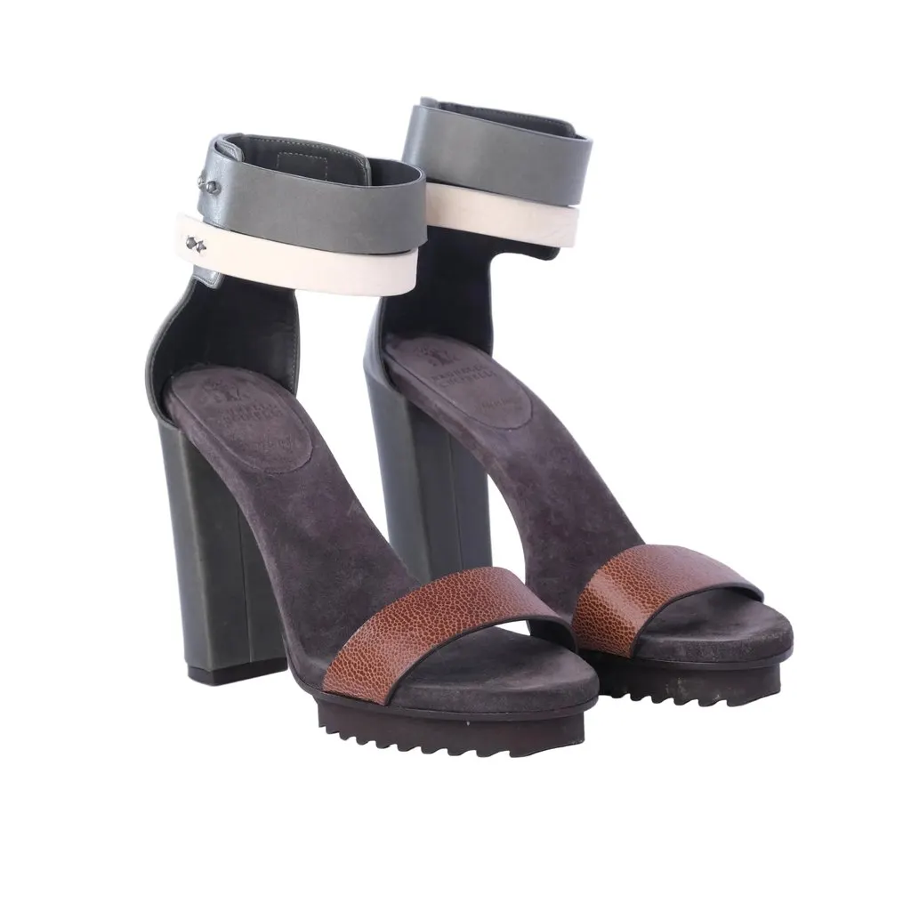 Brunello Cucinelli Brown Colorblock Platform Sandal - '20s Brown Leather Good - Back View