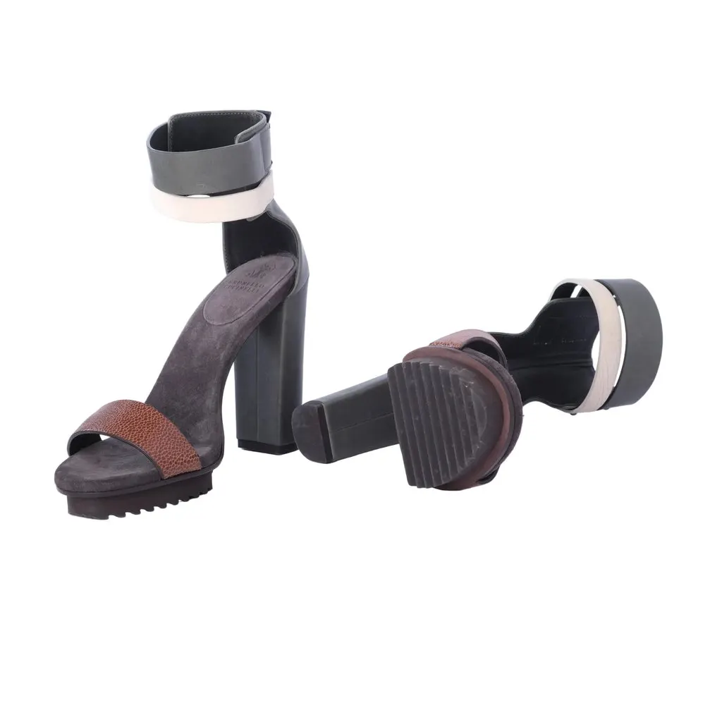 Brunello Cucinelli Brown Colorblock Platform Sandal - '20s Brown Leather Good - Model View