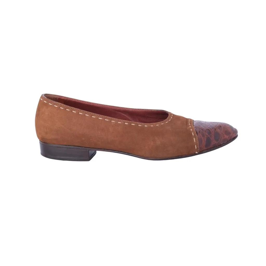 Prada Brown Leather Ballet Flats With Croc-Effect Toe -'80s Brown Leather Good - Front View