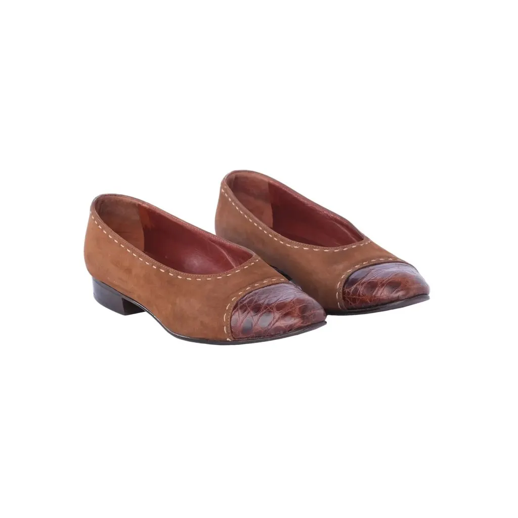 Prada Brown Leather Ballet Flats With Croc-Effect Toe -'80s Brown Leather Good - Back View