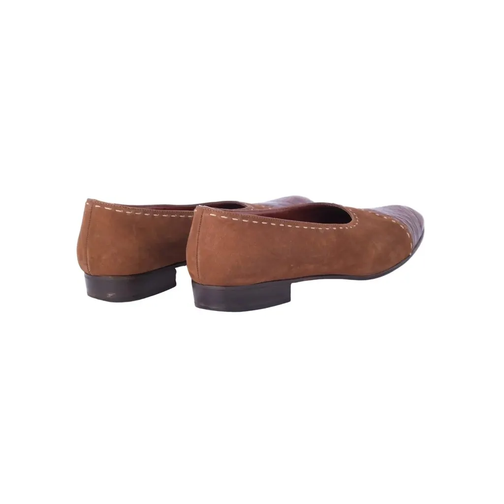 Prada Brown Leather Ballet Flats With Croc-Effect Toe -'80s Brown Leather Good - Inside View