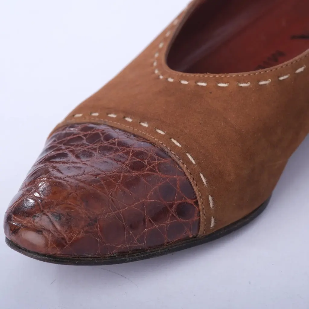 Prada Brown Leather Ballet Flats With Croc-Effect Toe -'80s Brown Leather Good - Model View