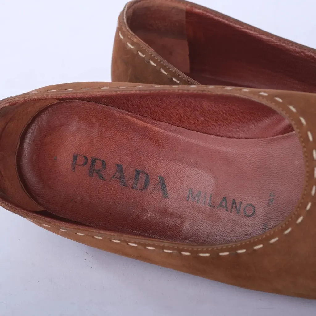 Prada Brown Leather Ballet Flats With Croc-Effect Toe -'80s Brown Leather Good - Box View