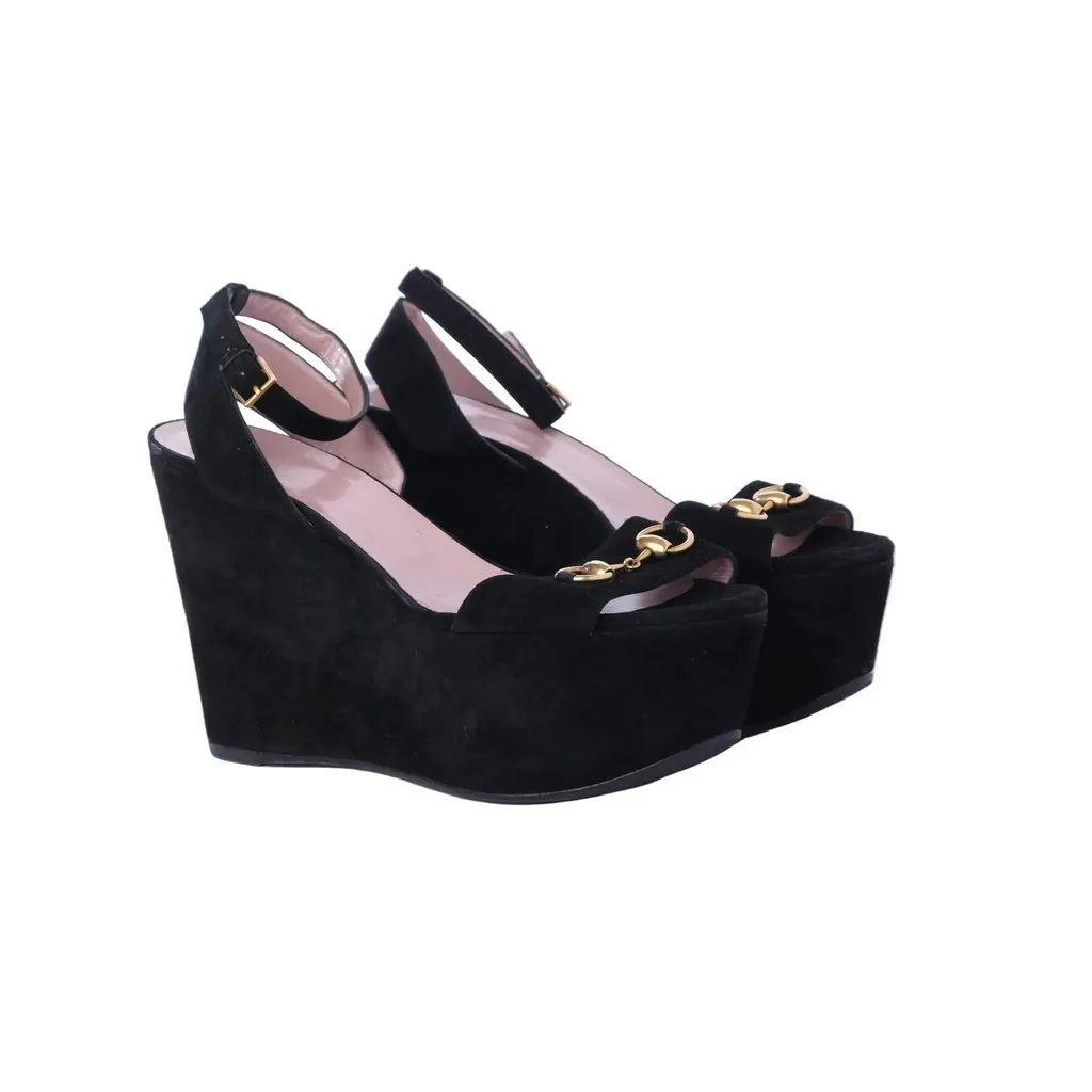Gucci Black Suede Horsebit Platform Ankle Strap Wedges - '10s Black Suede Good - Back View