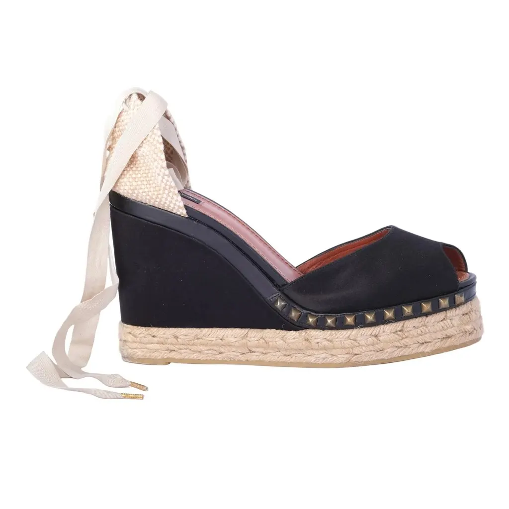 Marc Jacobs Black Studded Espadrille Wedges with Ankle Ribbon Ties - '10s Black Canvas Good - Front View