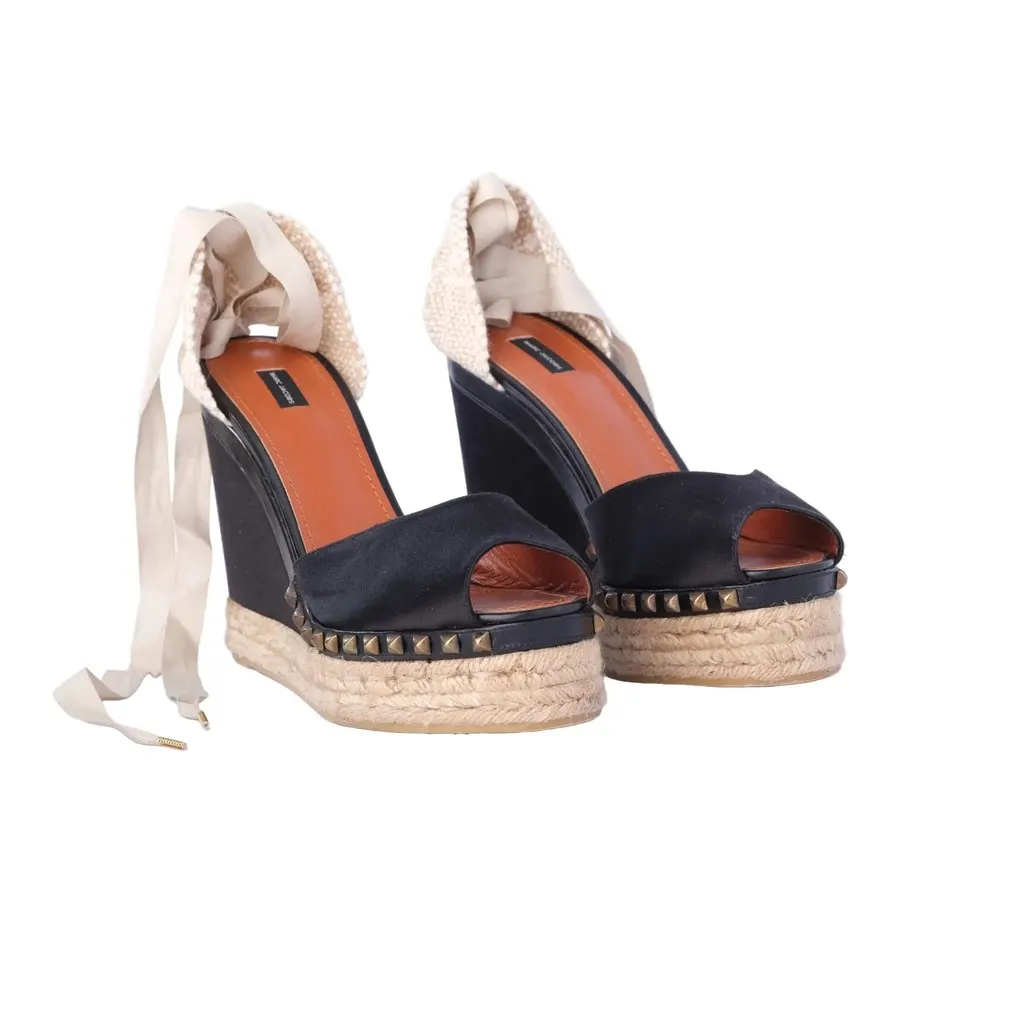 Marc Jacobs Black Studded Espadrille Wedges with Ankle Ribbon Ties - '10s Black Canvas Good - Back View